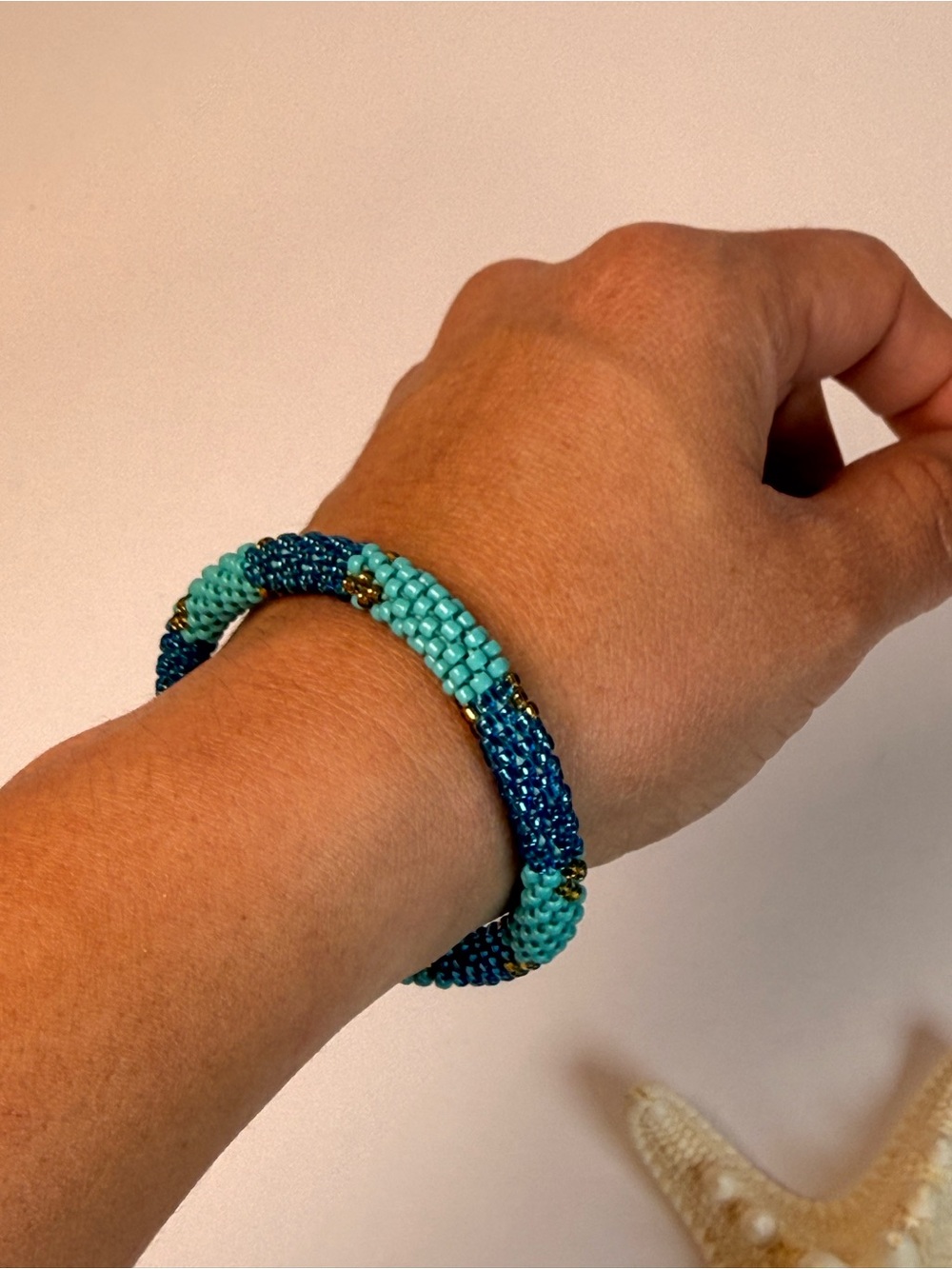 Handmade Turquoise & Teal Seed Bead Bracelet, Roll On Boho Bracelet